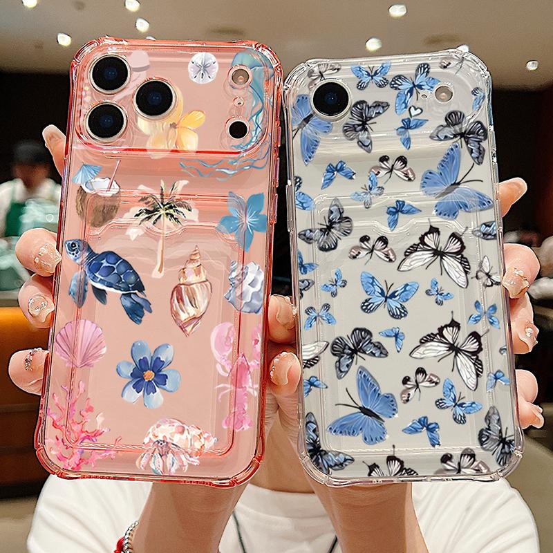 Husă Telefon cu Buzunar pentru Carduri Scoică Balenă Pentru iPhone Air 17 16e 16 15 Pro Max 14 13 Pro Rezistentă la Șocuri Transparentă Moale TPU