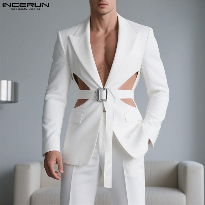 INCERUN Men Notched Lapel Long Sleeve Cutout Thin Blazer Party Coats