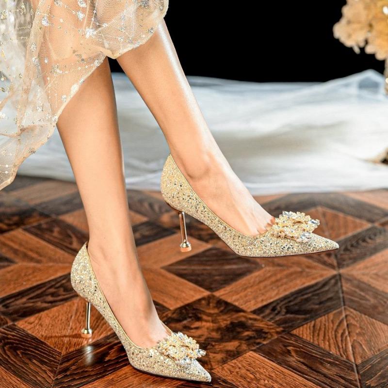 Fashion Spring New Thin Heel Shoes Women's Fashion Pointy Shallow Mouth Glitter Anti-slip Wear-resistant High Heels