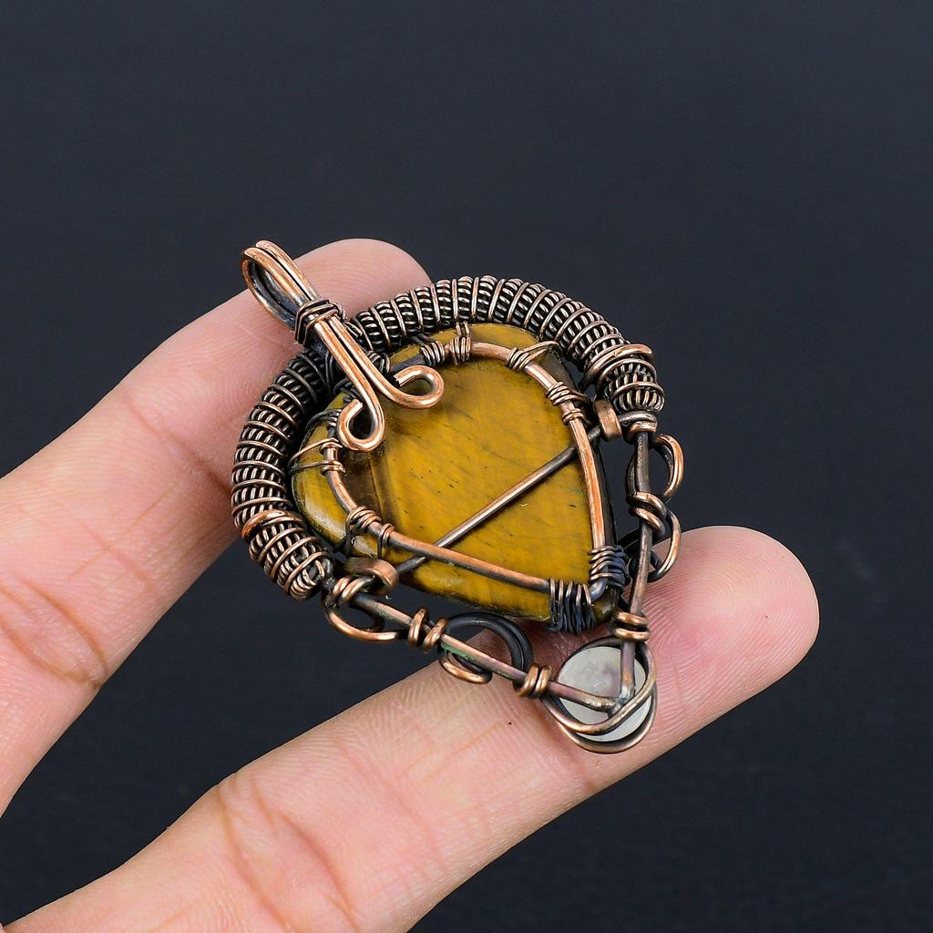 Tiger's Eye 999 Copper Wire Wrapped Pendant, Handmade Gemstone Pendant , Gift For Mom Antique Jewelry
