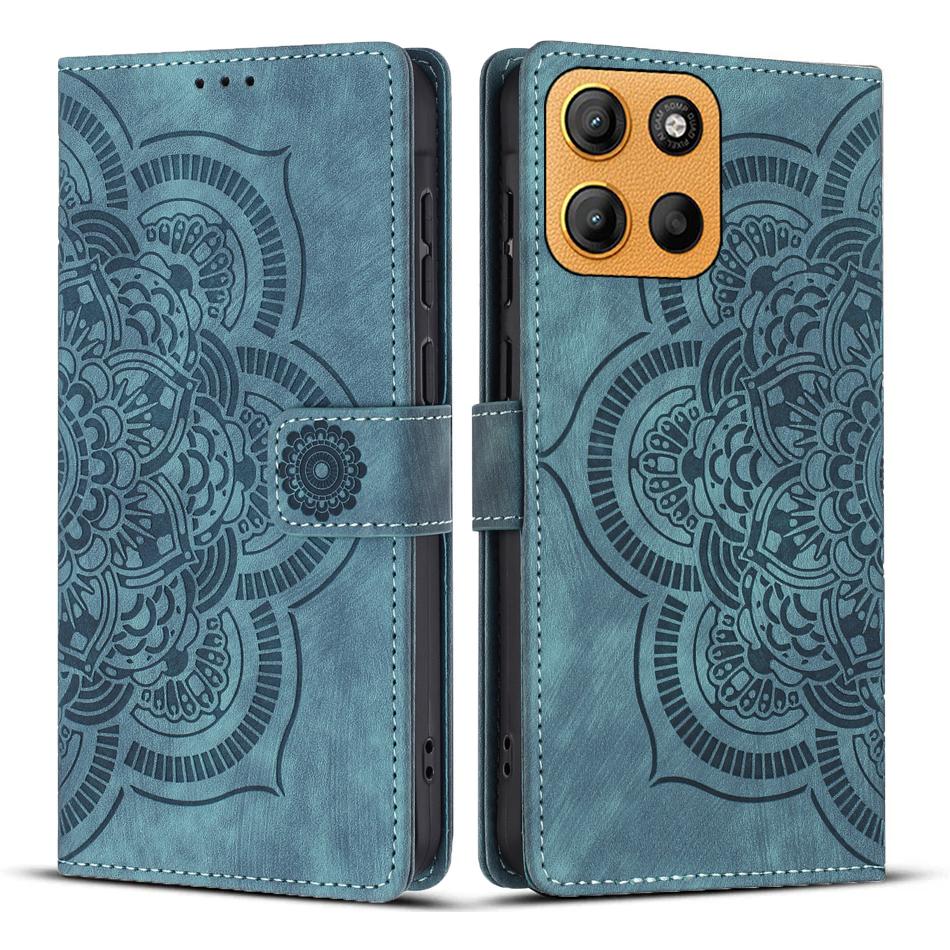 

For Motorola Moto G15 4G Leather Case WANLONFENG HDM Series Mandala Imprint Wallet Stand Phone Cover Blue