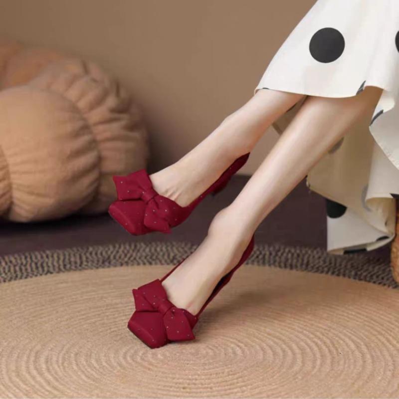 Red French-style high-heeled shoes for women, square-toe, elegant shallow-cut with bow, chunky heel pumps