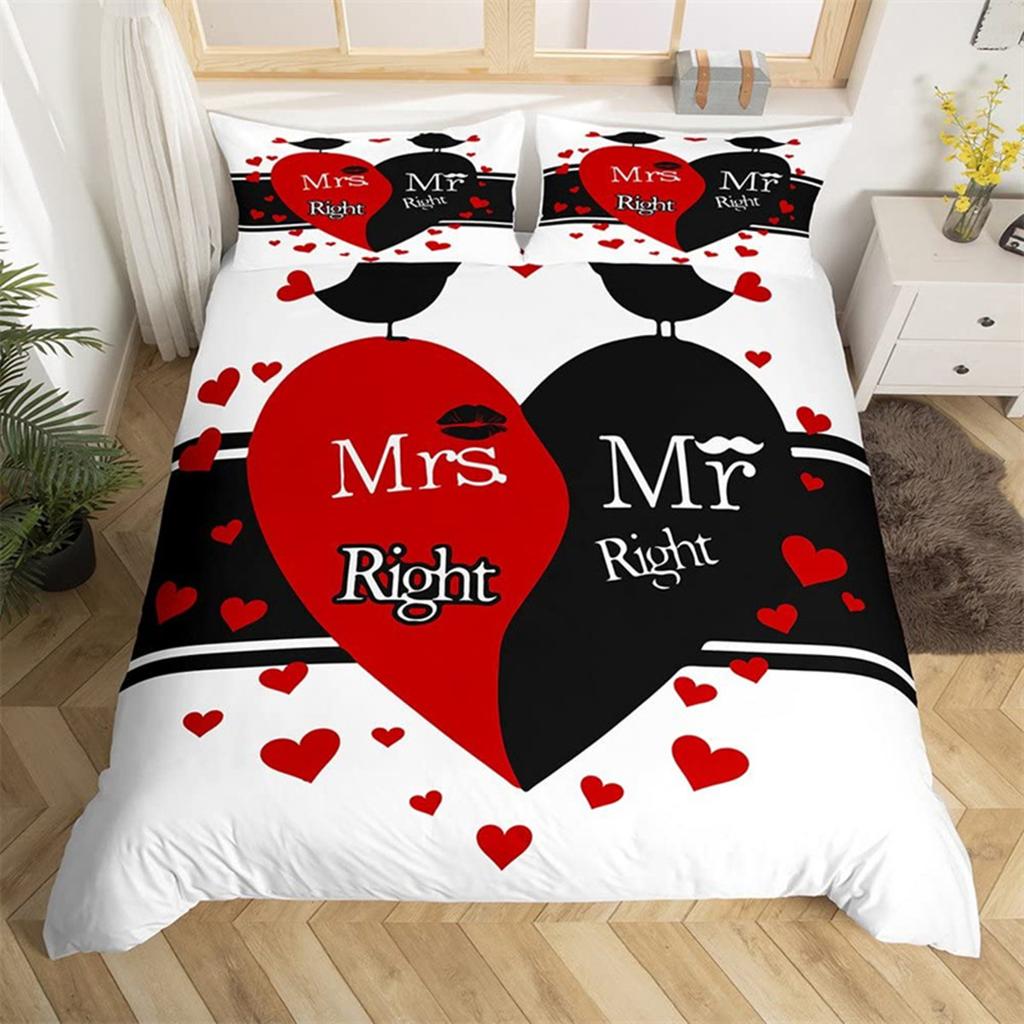 Paar Romantische Hochzeit Herr und Frau Bettbezug Mikrofaser Lustige Zitate Liebesherz Glück Liebesvögel für Valentinstag Erwachsene