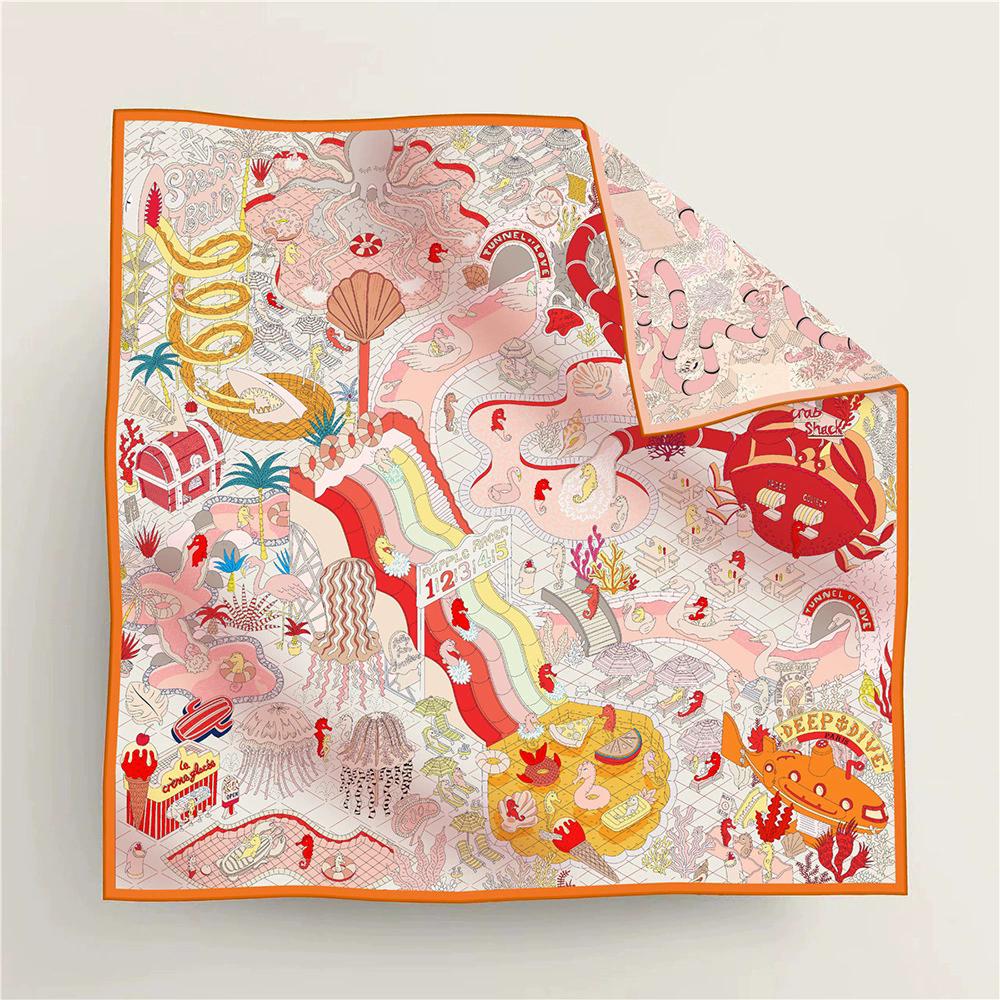 New Double-Sided Color-Block Silk Scarf with Underwater Amusement Park Print Decorative Fashion Women's 90cm Square Scarf