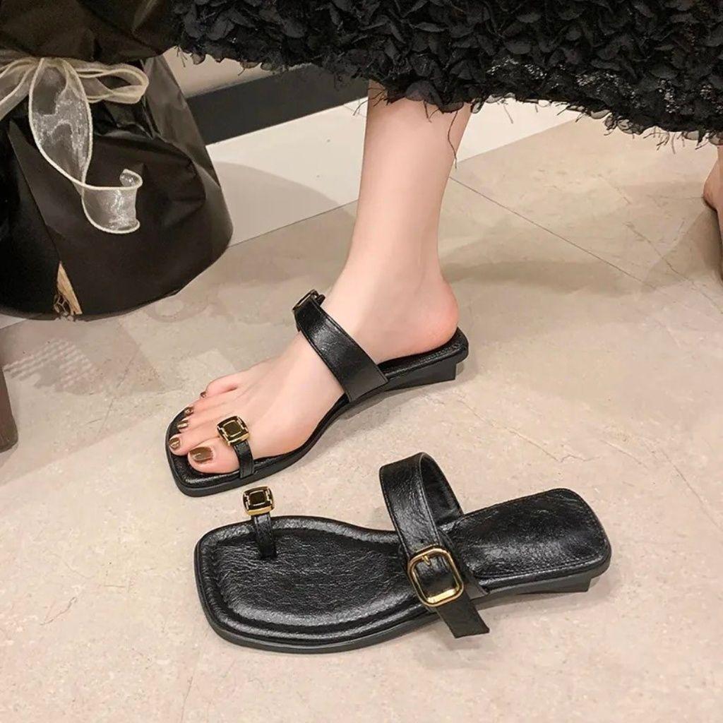 2025 new summer one-word with set toes simple sandals for women's popular fashion wear versatile low-heeled cool slippers for women