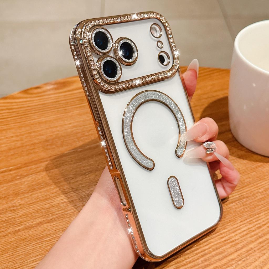 IPhone17PROMAX Plating Flash Powder Diamond Magnetic Suction Phone Case Suitable for Apple 16 Advanced Sense Anti Fall Soft Case
