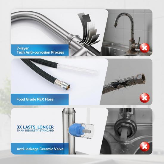 Arofa Kitchen Faucet with Pull Down Sprayer, Brushed Nickel Kitchen Sink Faucet 1-3 Hole Single Handle High Arc Stainless Steel Commercial Modern