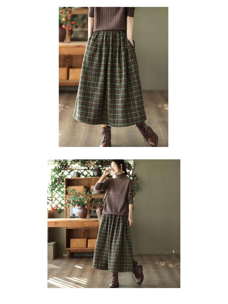 Fustă Midi A-line din Lână Carouri - Talie Elastică pentru Femei Stil Toamnă/Iarnă