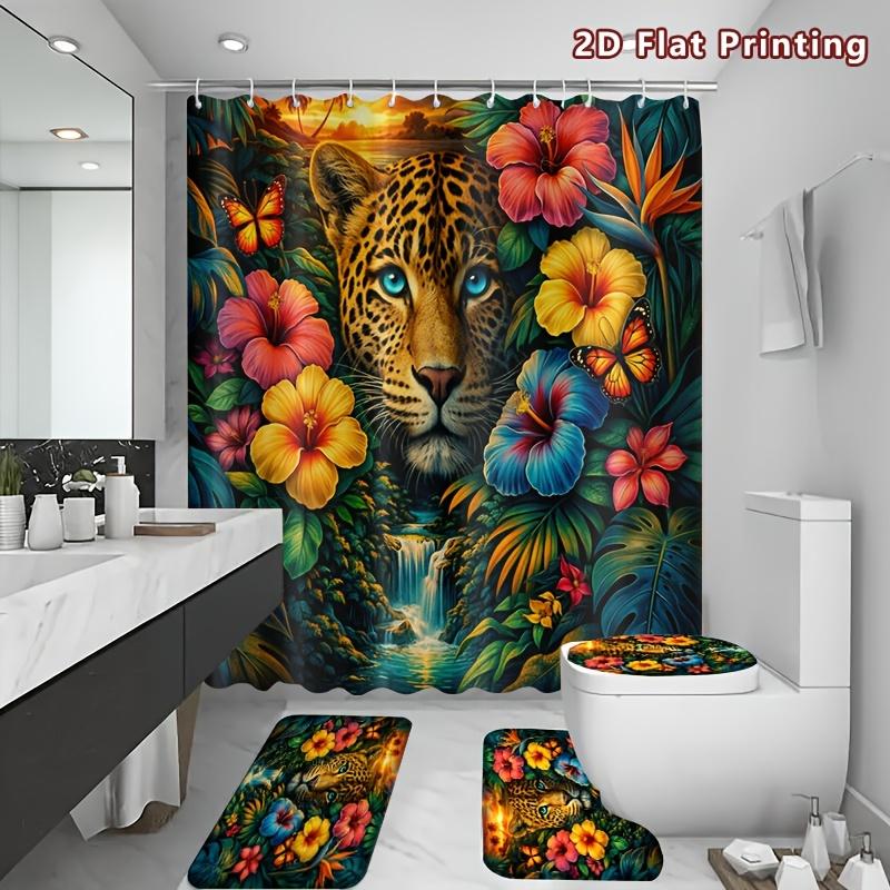 4Pcs Tropical Leopard Shower Curtain Set with Non-Slip Bath Mat, Toilet Lid Cover, Contour Rug & 12 Hooks, Bathroom Decor