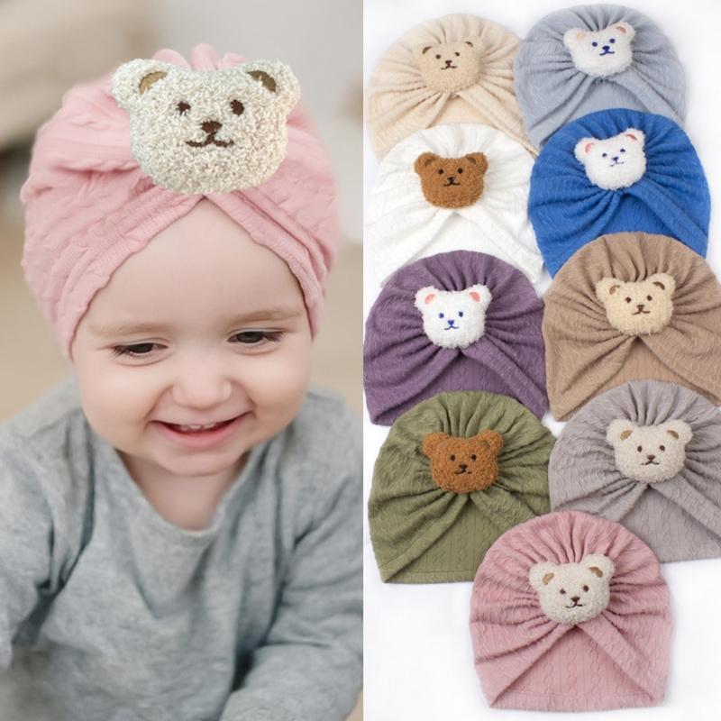 Solid Turban Hat Baby Beanies Caps Headwrap with Cute Bear Charm for 0-2 Years Baby Girls Infants Toddlers Pullover Hat
