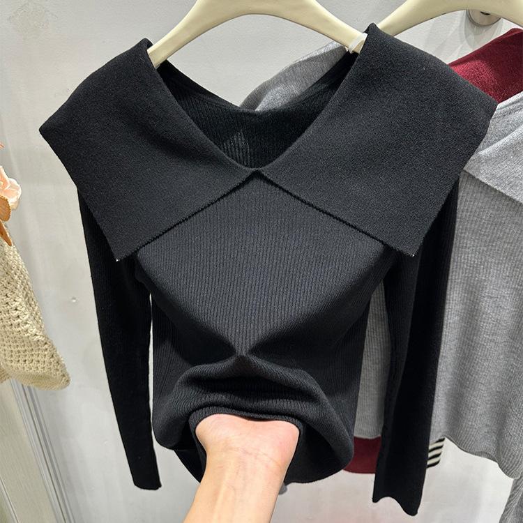 Core-spun yarn, lapel solid color knitted sweater Navy style autumn and winter thin long-sleeved sweater elegant