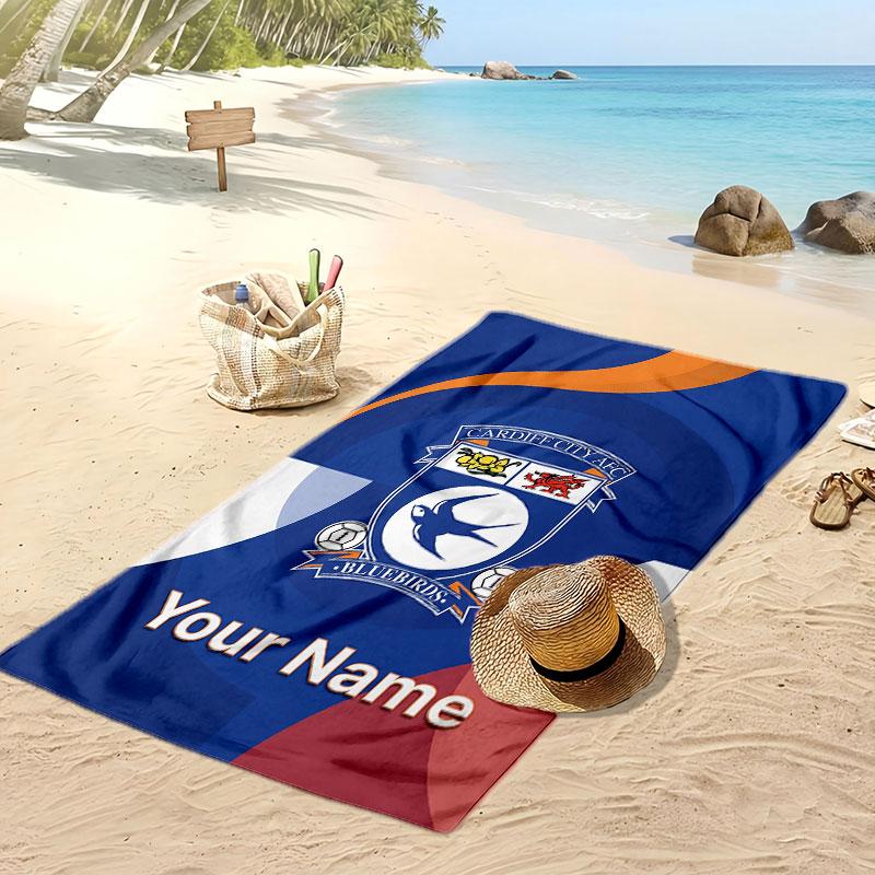 Cardiff City Personalized Printed Beach Towel Soccer Logo Support Custom Name Text Absorbent Towel For Sport Travel Special Gift