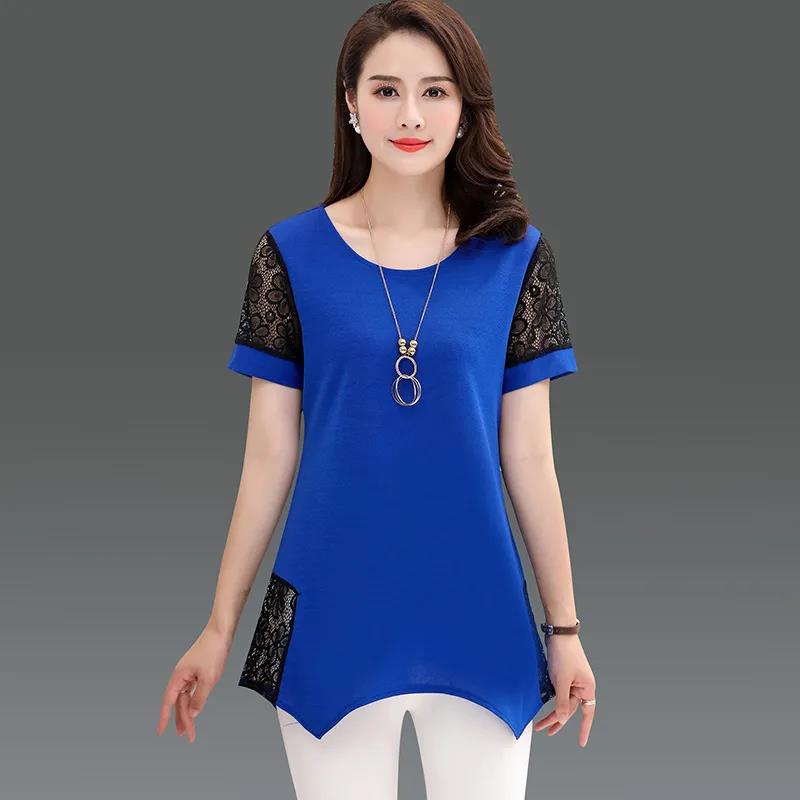 Women's Summer Chiffon Short Sleeve Mid Length Round Neck Large Size Loose T-Shirt