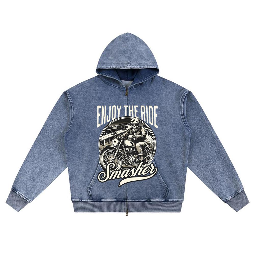 DTG print Knitted Denim Zip-Up Hoodie streetwear Motorcycle Brother Print Zipper Hoodies  