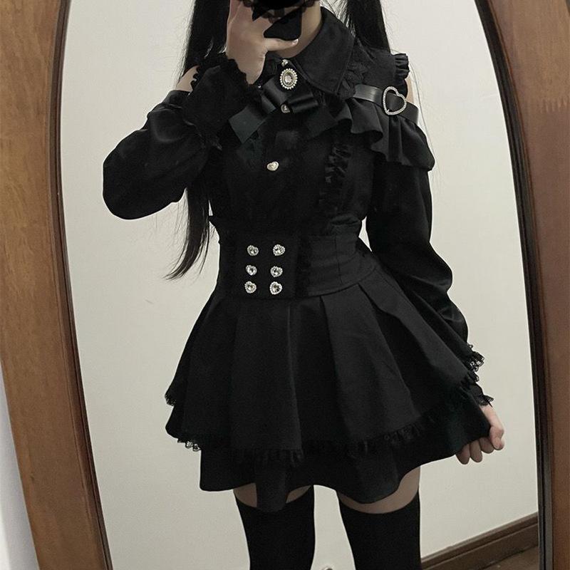 Japonský černý set krátkých sukní Gotické volánové minisukně Sexy krajkové košile Lolita šaty Y2k Estetický oblek