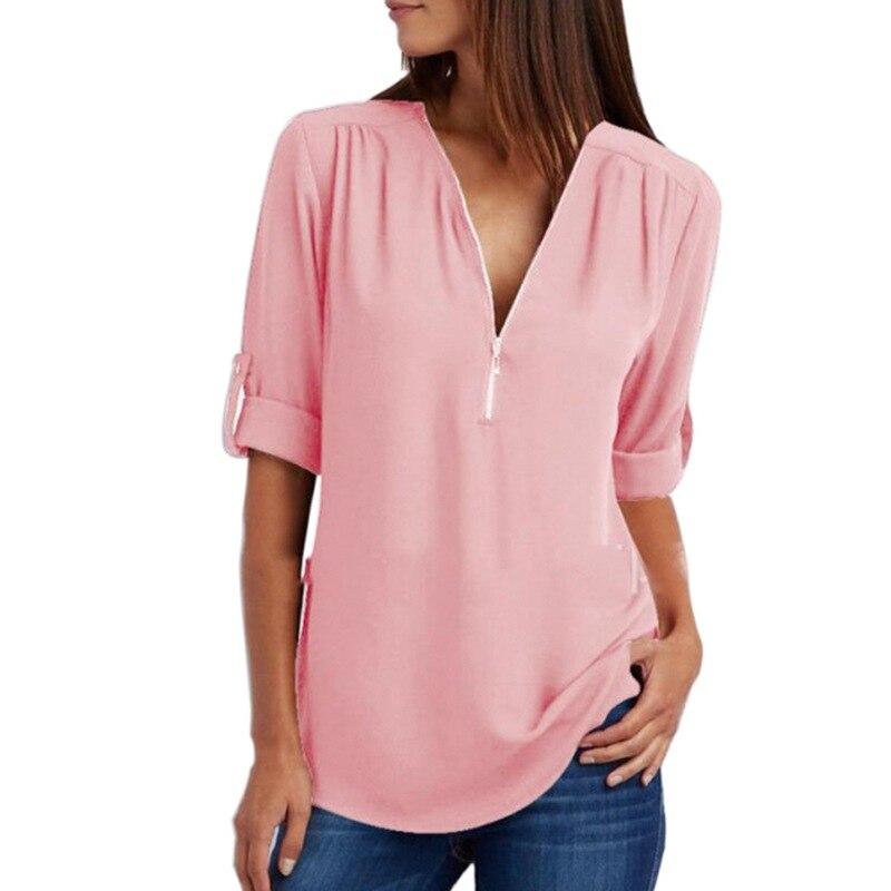 Women's V-neck Zipper Plus Size Long-Sleeved Retractable Sleeves Loose Chiffon Shirt Top M-5XL