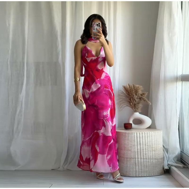 

Женское платье-сарафан с принтом, с бретелями через шею, слим-силуэта, с темпераментом, летний новый стиль, элегантное женское платье-сарафан с завышенной талией L розовый
