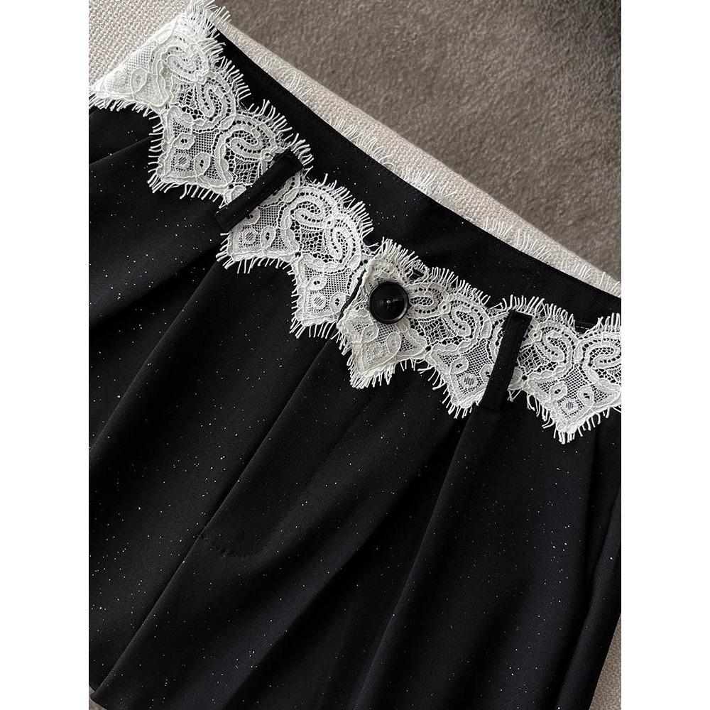 Black Lace-trimmed Casual Suit Pants Women High-waisted Loose Draping Straight-leg Wide-leg Pants That Touch the Ground