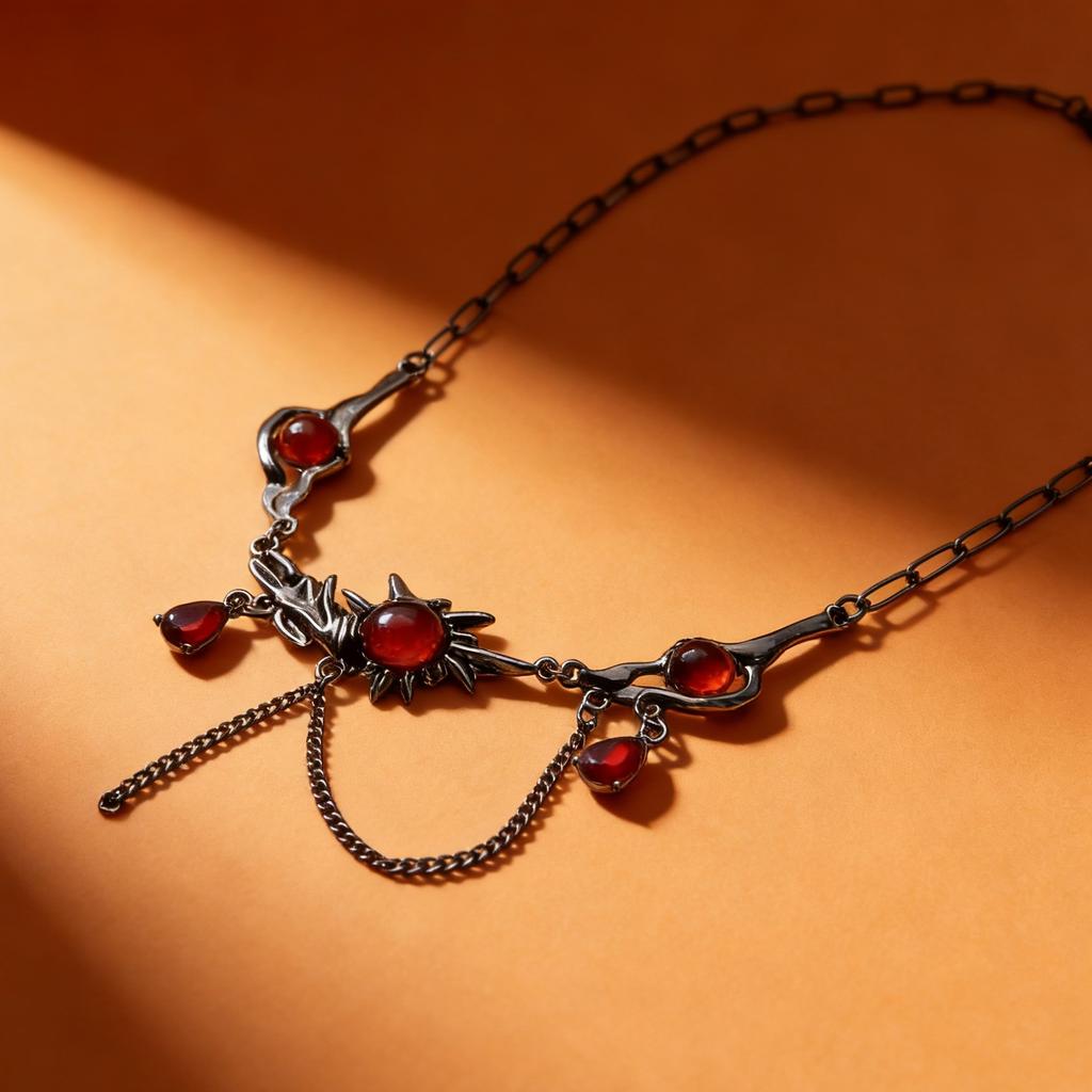 Niche Gun Black Fringed Red Zircon Gothic Clavicle Chain Women European Cross-border Dark Wind Punk Daily Party Neck Accessory Gift