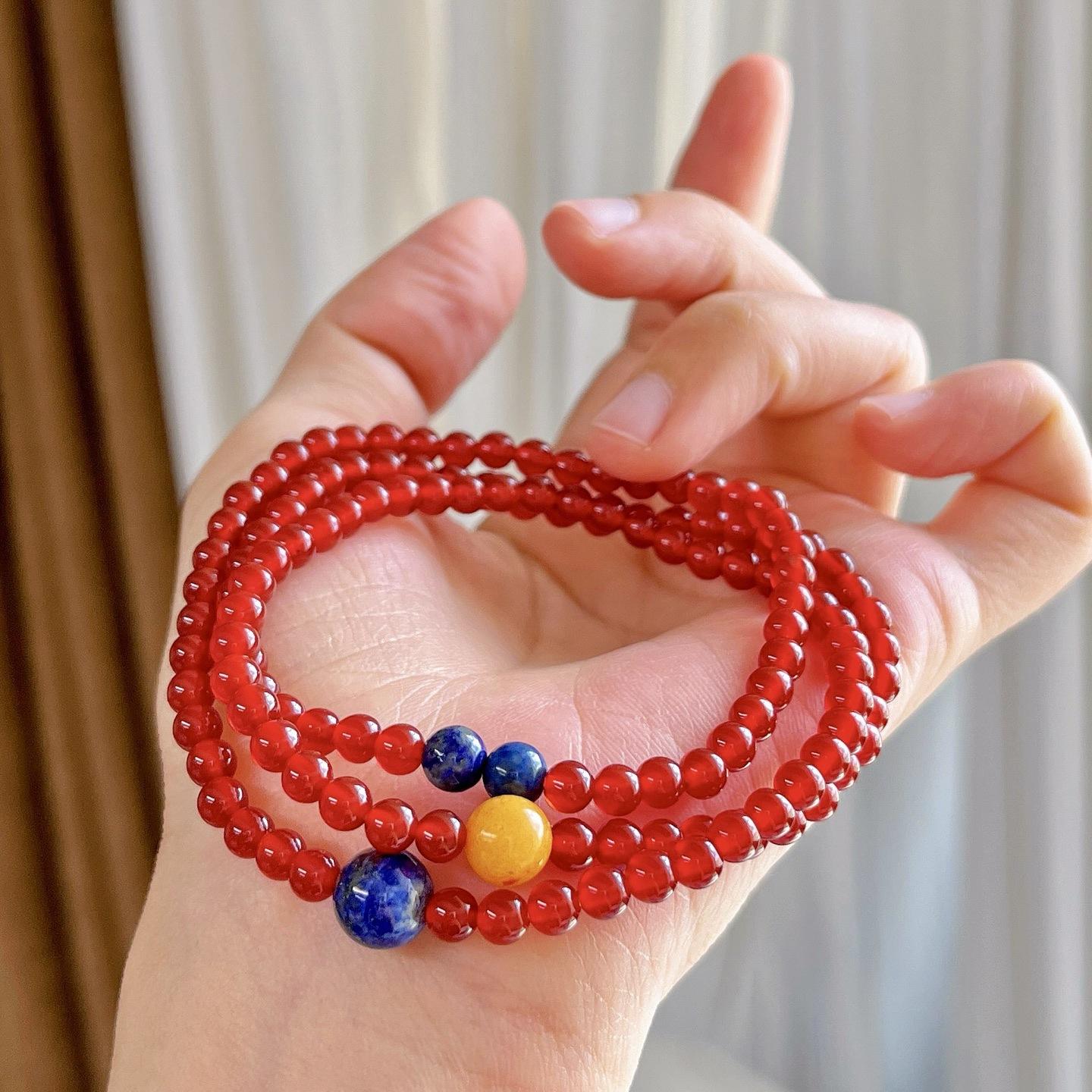 High Quality New Year S Red Natural Chalcedony Agate Lapis Lazuli Old Beeswax Multi-Circle Bracelet Bracelet