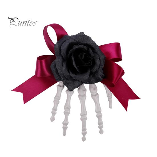 Halloween Hair Pin Skeleton Hand Frame Artificial Rose Flower Bow Decoration Hair Clip Dark Horror Style Hairpin