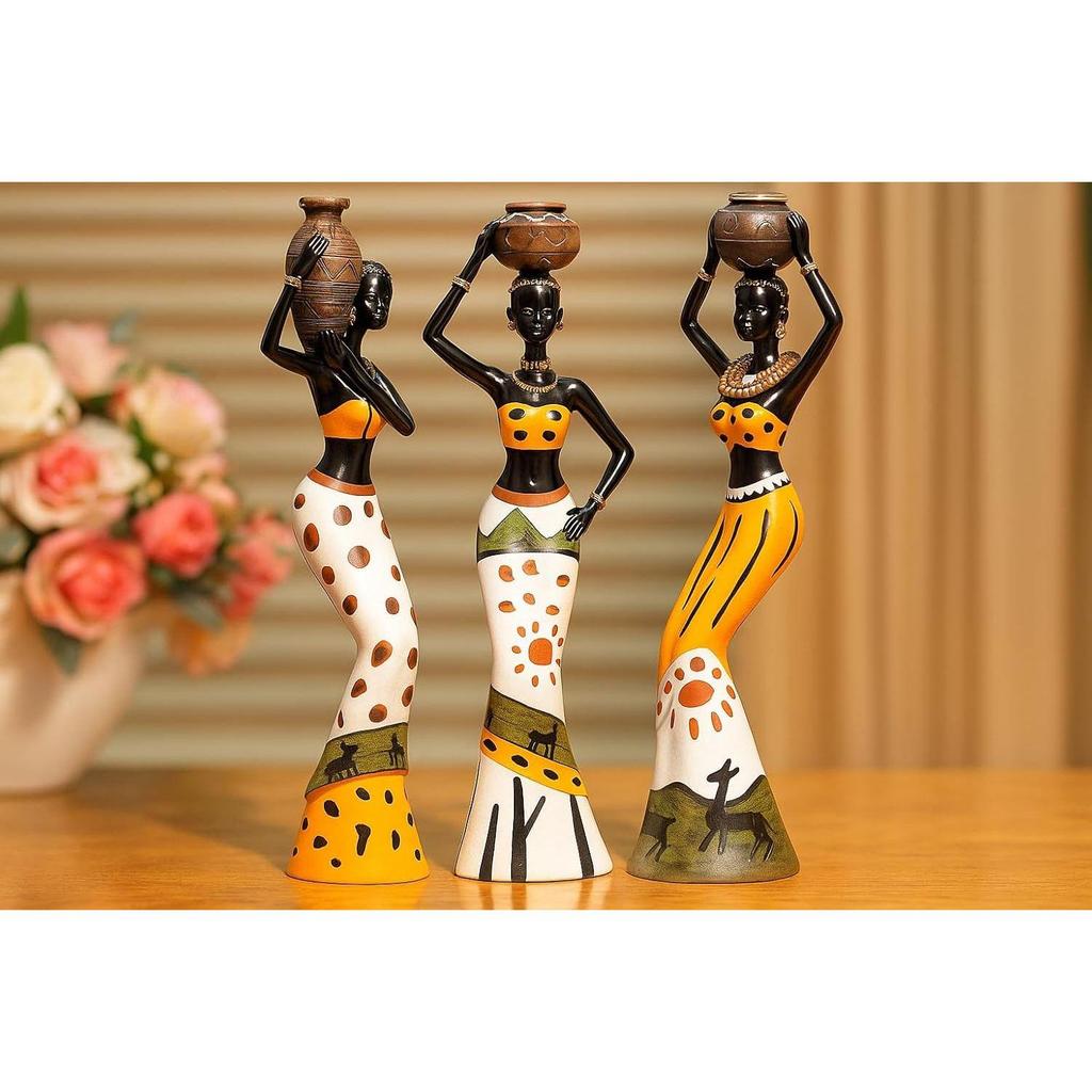 Beautiful Finish Uniquely Hand Crafted Home Dcor African Tribal Women Art Piece - (Set of 3, Multicolour), Resin
