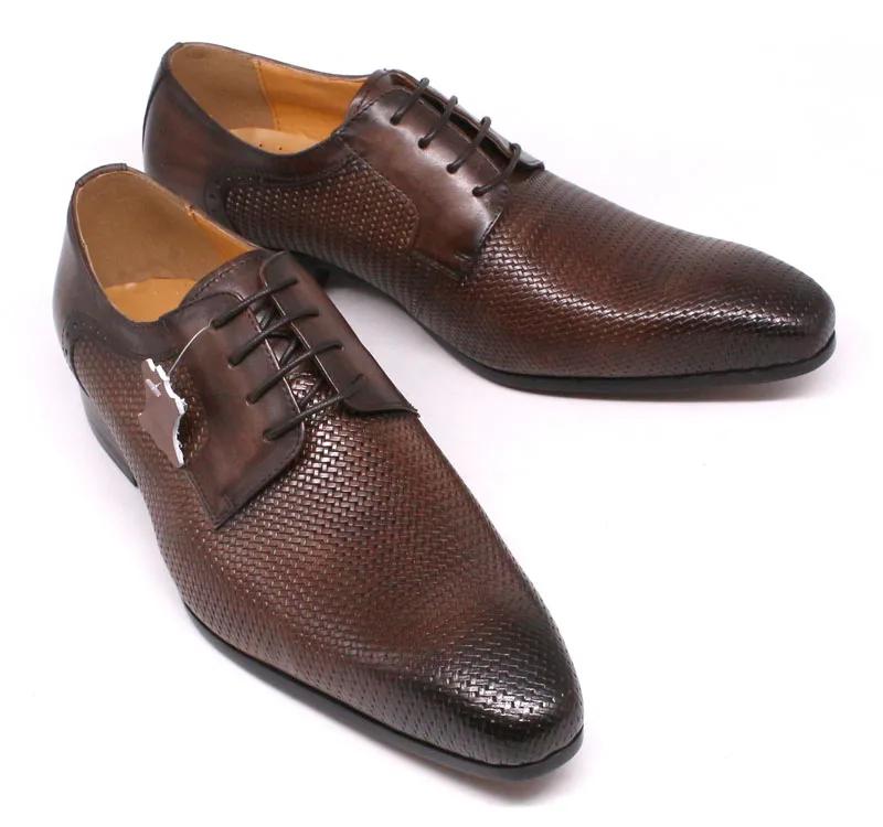 Fashion Italian Men's Genuine Leather Dress Shoes Lace-Up Business Formal Oxford Derby Shoes Net Print Office Suit Footwear