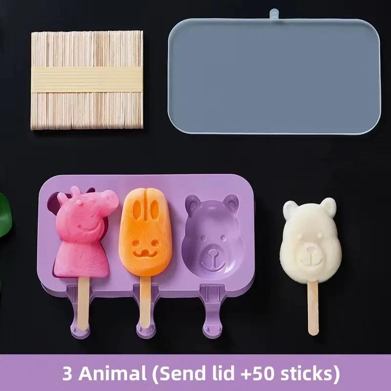 Silicone Ice Cream Mold with Lid and Sticks Cartoon Rabbit/Pig/Snowman DIY Homemade Ice Lolly Mold Cute Image Popsicles Molds