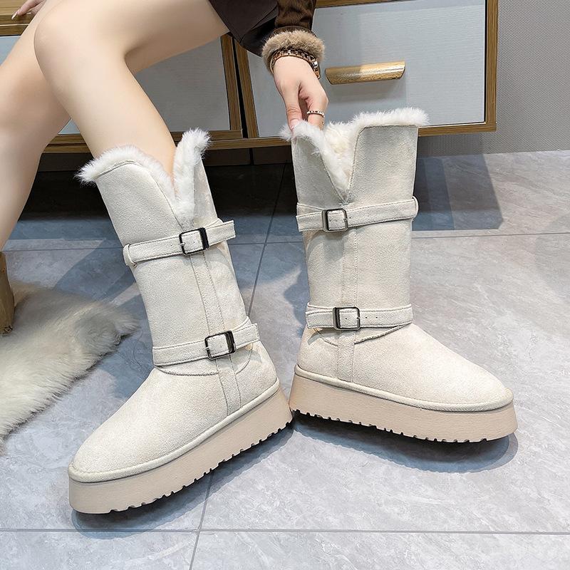 Women's Large Size Belt Buckle Thick Sole Winter Warm Fur One Snow Boots Padded Lined Ankle Boots Non-Slip Hiking Sports Cotton Boots