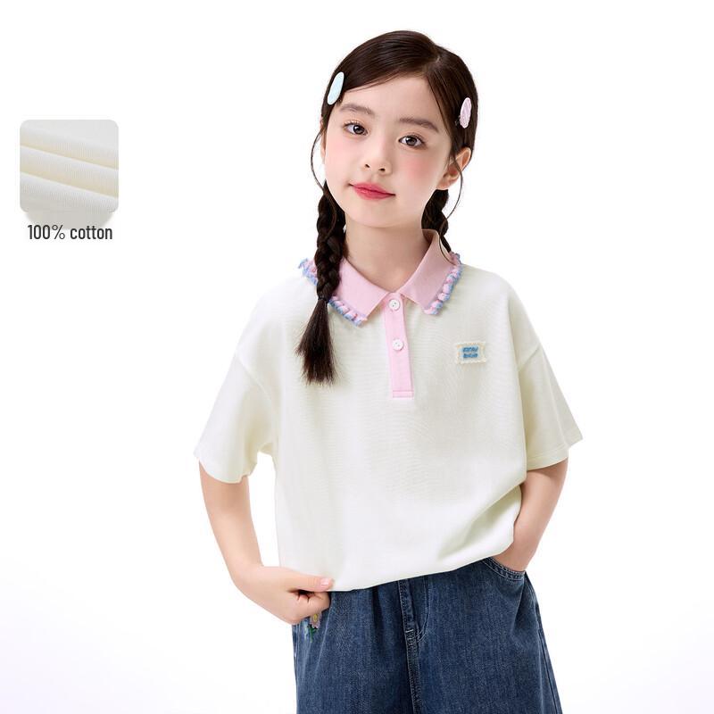Xiaoyinman Girls  Lace Collar Embroidered Polo T-Shirt 130