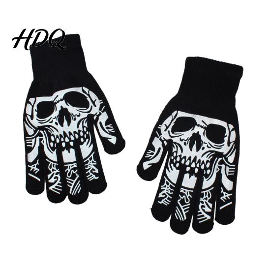 Funny Scary Party Costume Props Halloween Glow‑In‑The‑Dark Skeleton Knit Gloves Luminous Skull Bone Print Atmospheric Photo Full‑Finger