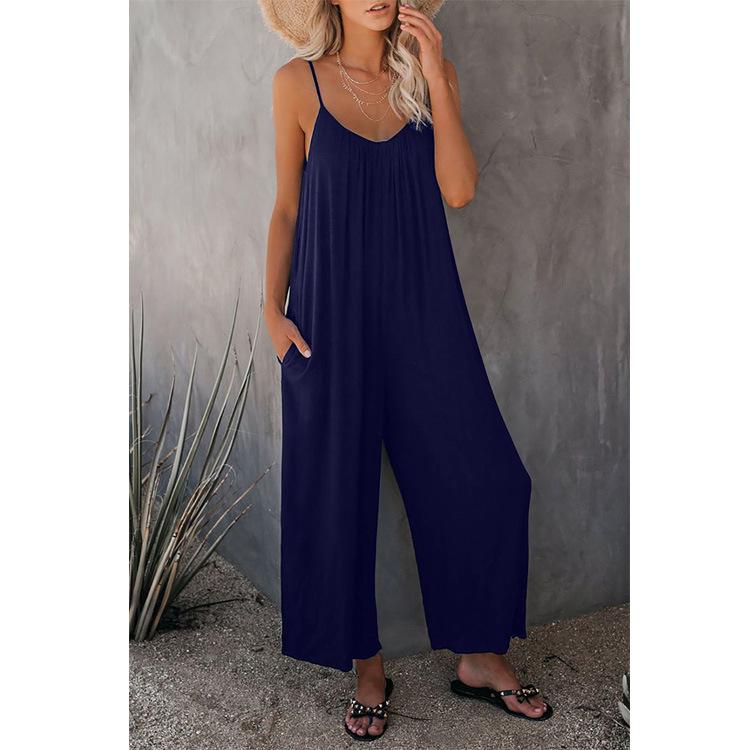 European & American Women's Solid Color Pocket Suspender Jumpsuit
