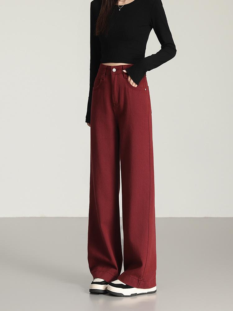 Ancola Red High-Waisted Floor-Length Wide-Leg Slimming Pants, 2025 Spring Women's Collection