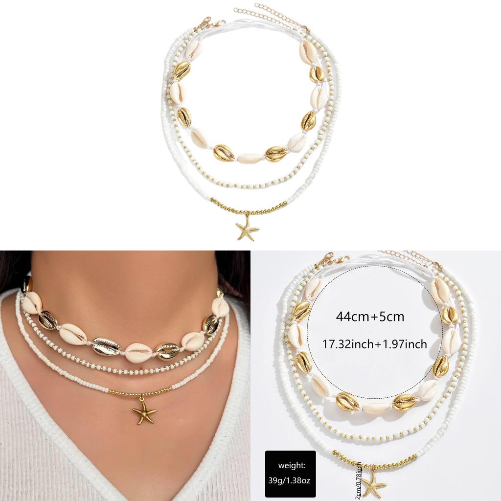 Bohemian Shell Necklace Set With Multilayer Geometric Design For Women