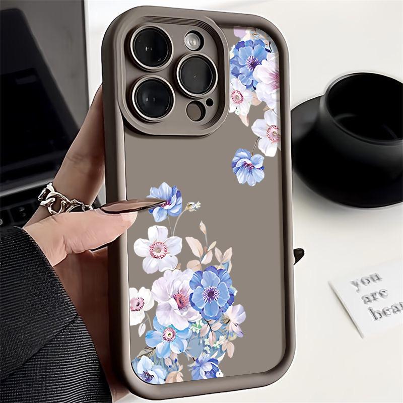 Prosty niebieski kwiatowy nadruk odporny na wstrząsy matowy futerał na telefon TPU do iPhone'a 16 Pro 15 Pro Max 14 Plus 13 12 11 XR XS 8 7 Ochrona obiektywu miękka tylna obudowa