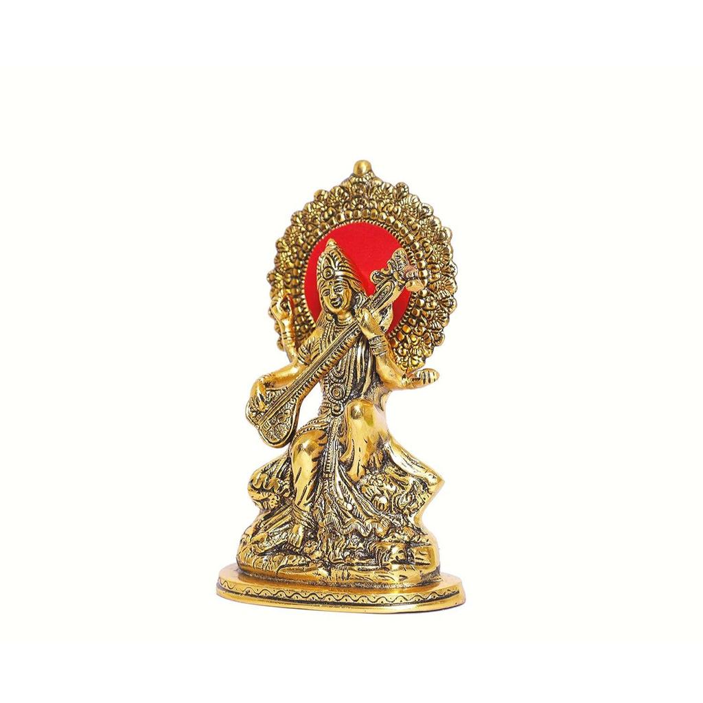 Gold Plated Maa Saraswati Metal Statue,Hindu Goddess Saraswati Ji Murti for Pooja,Meditation
