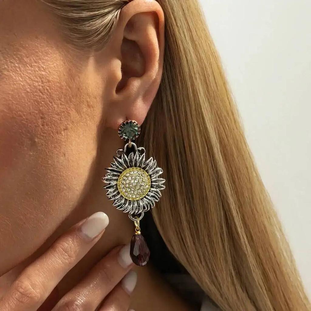 KunJoe Vintage Sunflower Pendant Earrings for Women Bohemian Crystal Tassel Flower Drop Earrings  Jewelry Accessories