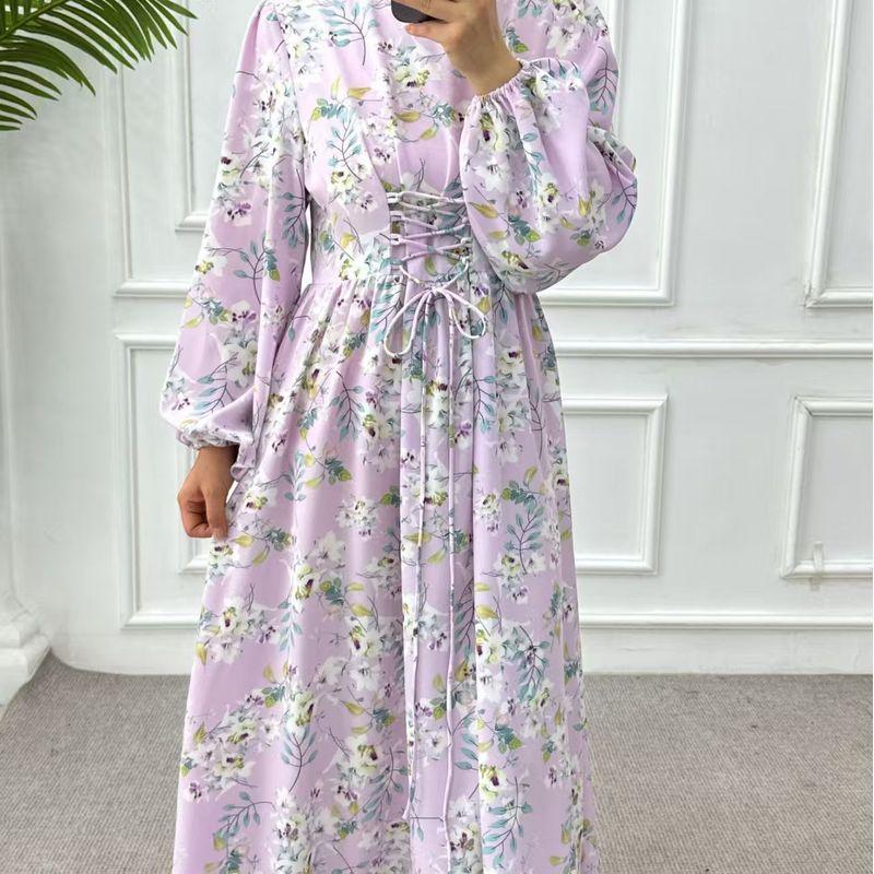 

Middle East New Arrival Fashion Floral Tie-Neck Waist-Tight Robe Dress Printed Lace up Long Dress Light purple XL