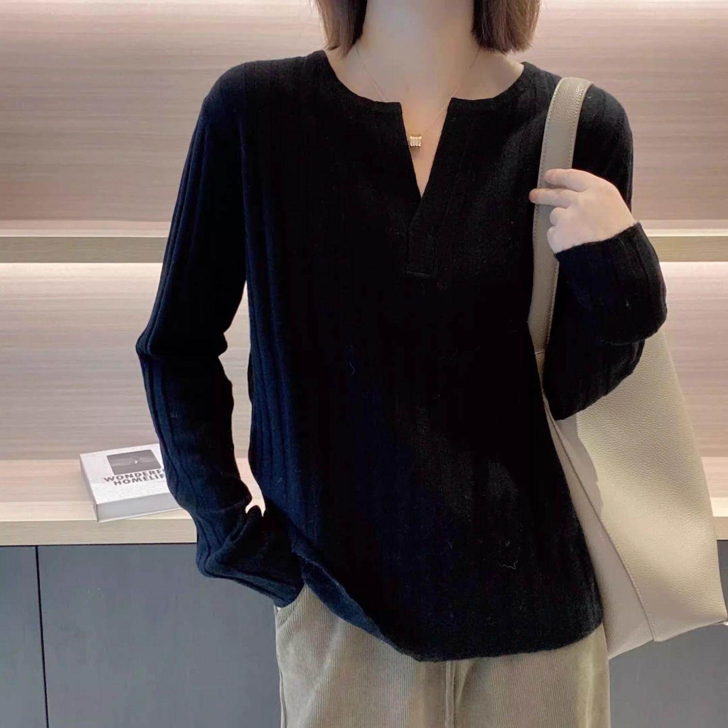 

Французский ретро-вязаный свитер с V-образным вырезом для женщин на осень и зиму, приталенная базовая рубашка с длинными рукавами для верхней одежды S чёрный