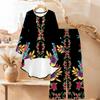 Distressed Floral Print Two Piece Outfit Women Long Sleeve Irregular Hem Tunic Top Wide Leg Pants Casual Matching Set