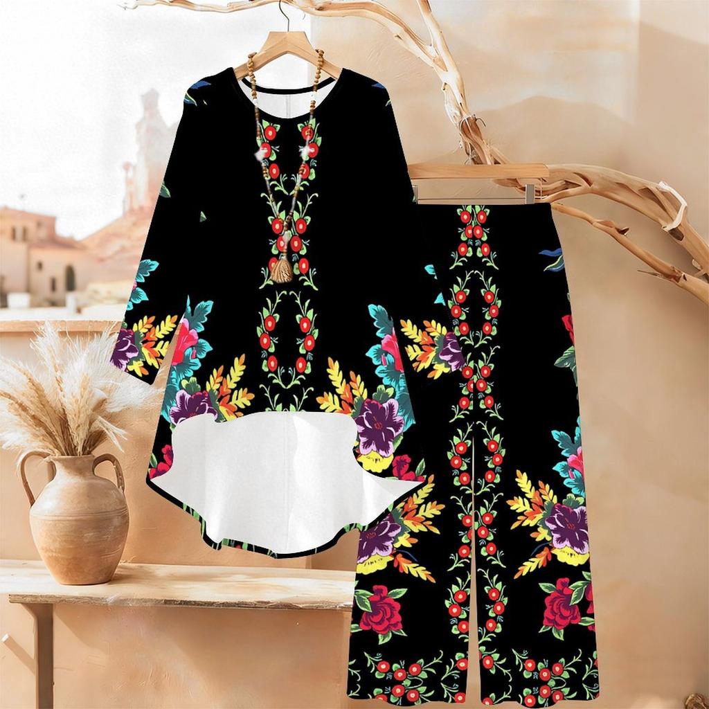 Distressed Floral Print Two Piece Outfit Women Long Sleeve Irregular Hem Tunic Top Wide Leg Pants Casual Matching Set