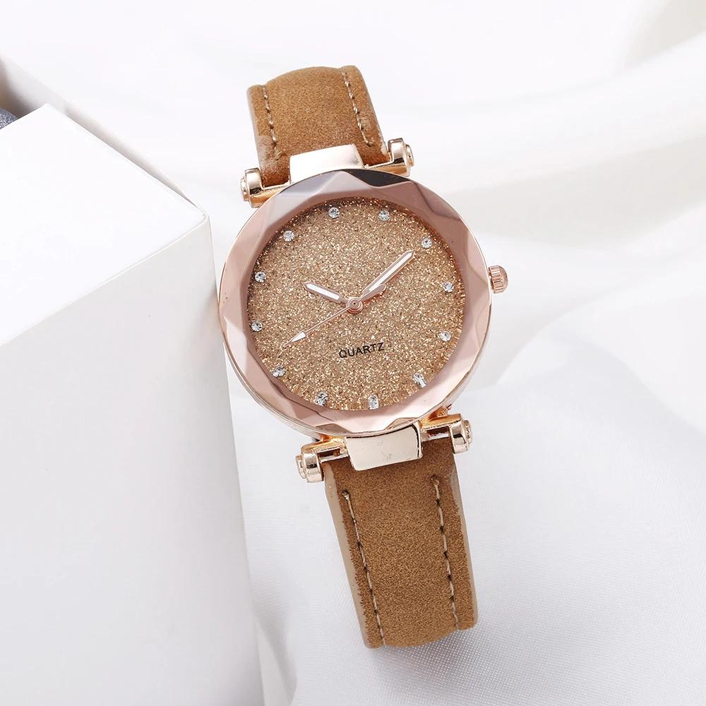 Watches for Women Ladies Watch Round Rhinestone Star Sky Pink Leisure Fashion Trend Frosted Belt Vintage Quartz Wristwatch