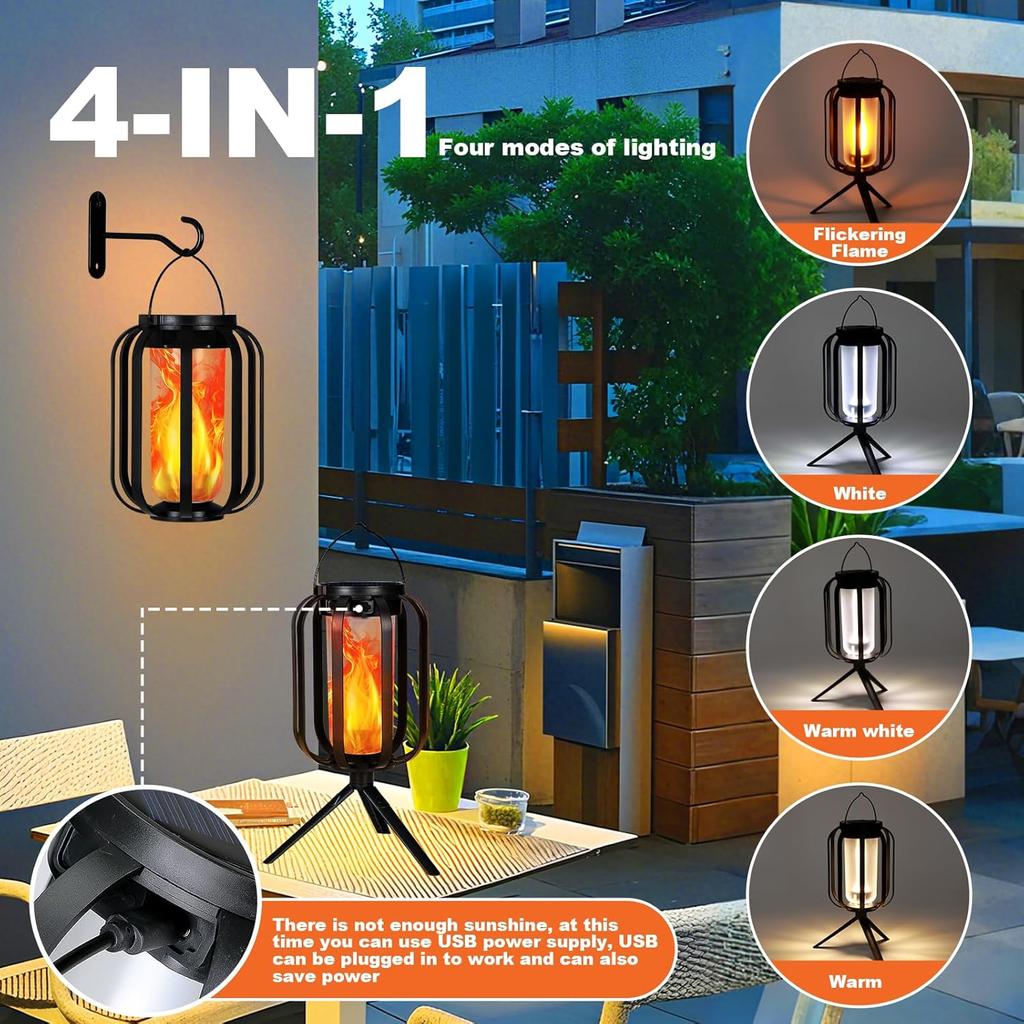 2 Pack Waterproof Solar Lanterns with Flickering Flame for Outdoor Yard, Garden, Patio Decor