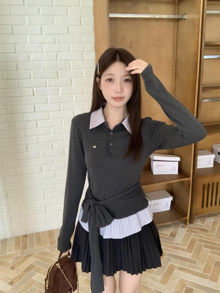 Plus Size Women's Polo Collar Long Sleeve Patchwork T-shirt with Tie-up Waist