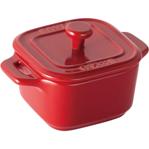 Staub "Square Cocotte Pair Cherry, 8cm, Set of 2" Ceramic Heat-Resistant Storage Container, Microwave-Safe [Official Japanese Product] La Cocotte Squa