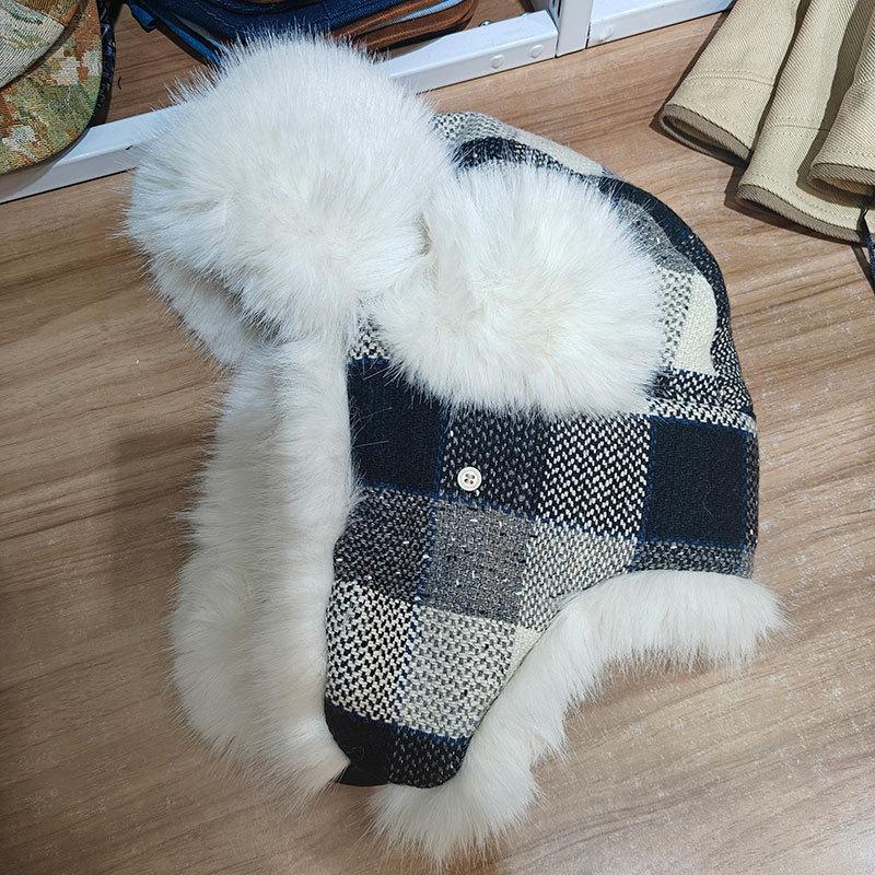 Vintage Plaid Lei Feng Hat Children's Winter Outdoor Cycling Thickened Velvet Thermal Hat Northeast Snow Ear Protection Hat