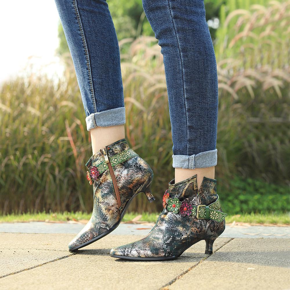 Dámské boty Sandály z pravé kůže Módní a elegantní Retro ručně malované embosované boty na vysokém podpatku