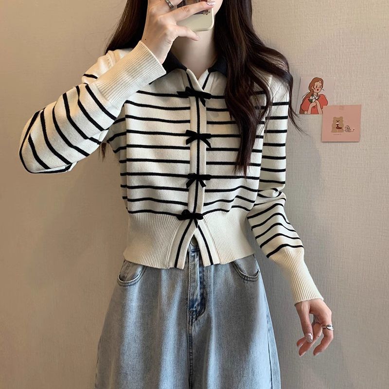 Striped Women s Cardigan Loose Turndown Collar Single Breasted Bow Decoration Famale Knitted Sweater French Version Leisure Fashionable Ladies Top S