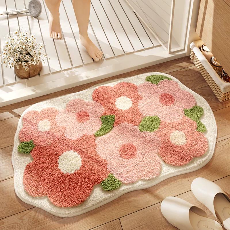 Strong Water-Absorbing Floor Mat At the Bathroom Entrance, Plush Quick-Drying Non-Slip Foot Mat, Pink Floral Carpet for the Shower Room