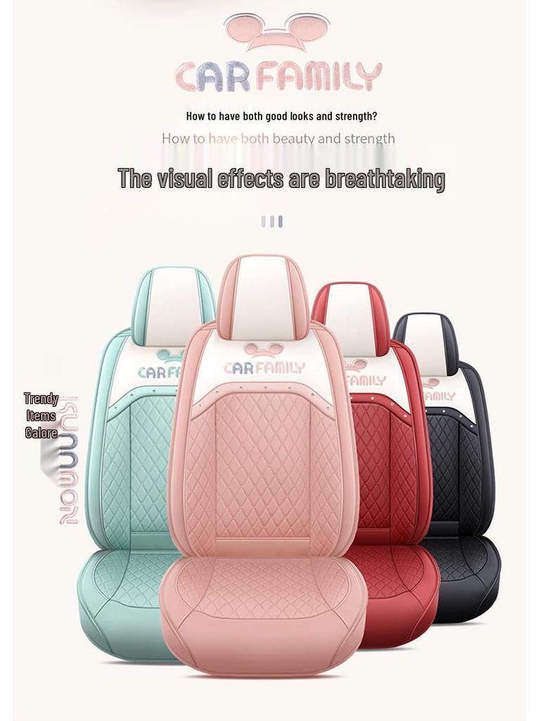 Universal Cartoon Car Seat Cover – Cute, Full-Surround Cushion for Small Cars, Fits 5-Seat Models, All-Season Use.